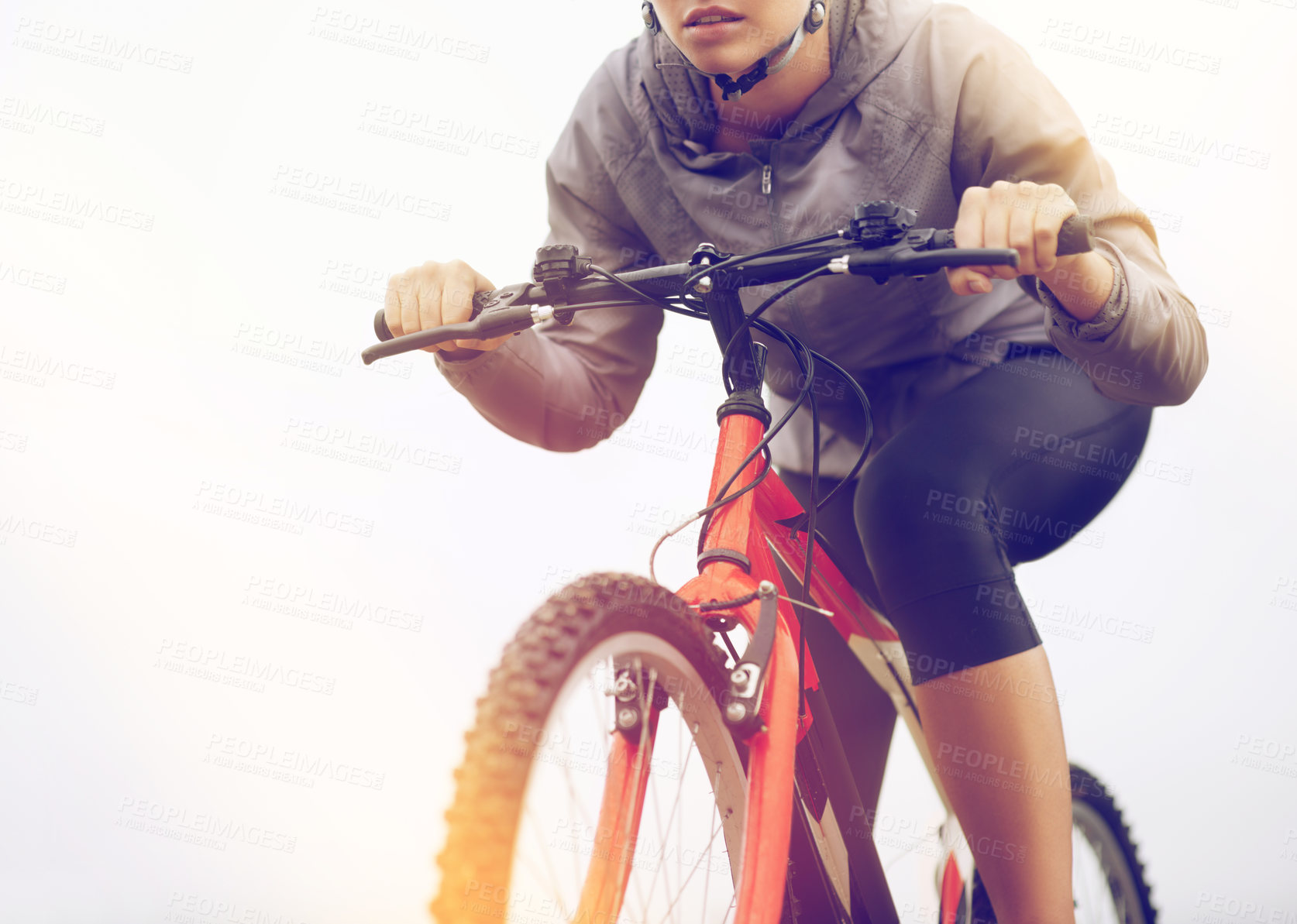 Buy stock photo Mountain bike, cycling and person outdoor for exercise, workout or training for body health with fog on mockup in winter. Fitness, sports and bicycle for travel, adventure and transport with mist