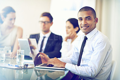 Buy stock photo Businessman, portrait and workspace with laptop, corporate environment with online technology. Consultant, idea for teamwork collaboration, partnership and web search for administrator and employees
