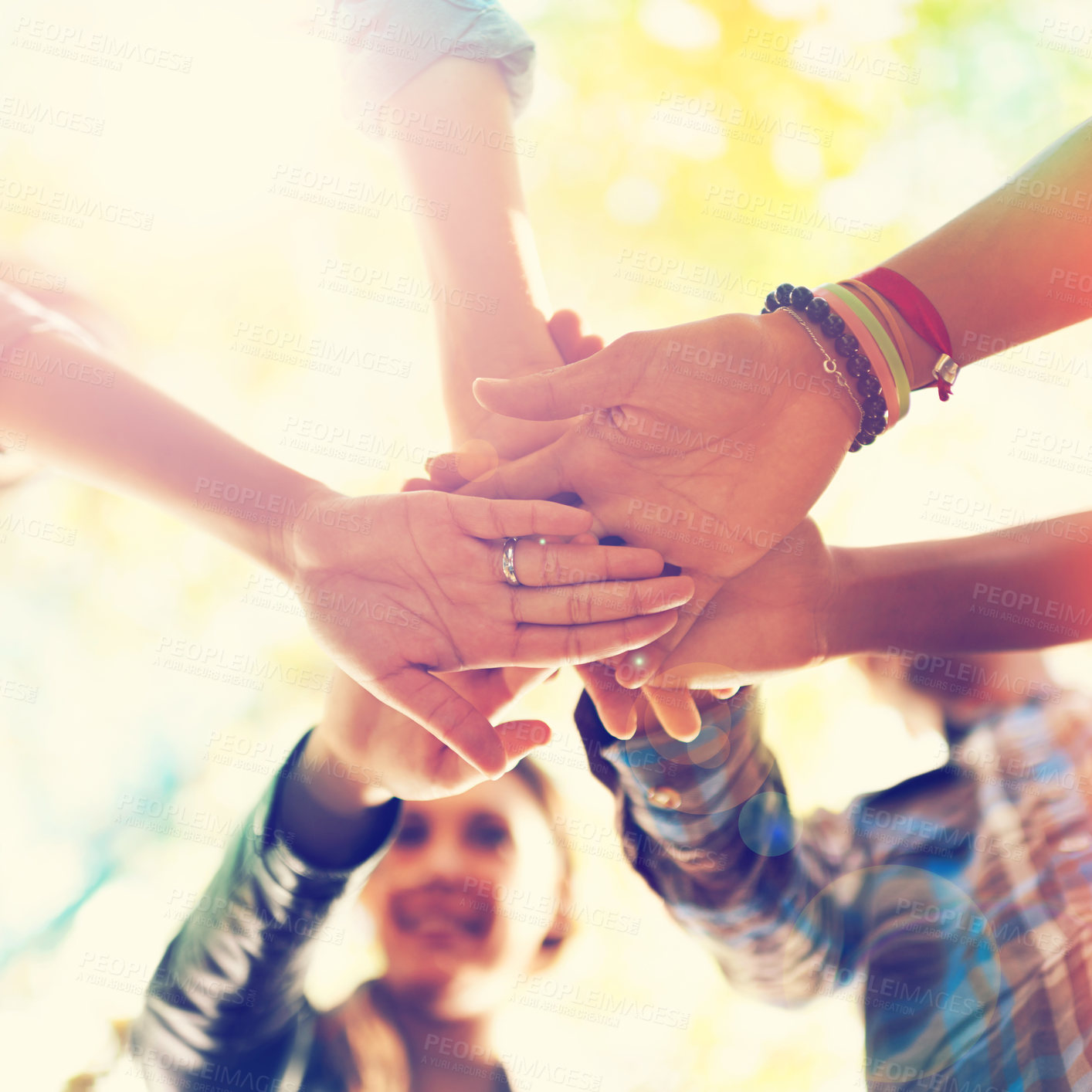 Buy stock photo Stack of hands, friends and group with community, collaboration and teamwork outdoor. Nature, huddle and people with diversity, support and solidarity together in circle from bottom view in field.