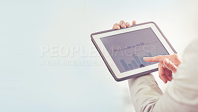 Buy stock photo Hands, tablet and screen for graphs and statistics, online research and report for company growth. Businessperson, financial proposal and chart by mockup space, infographic and planning by backdrop