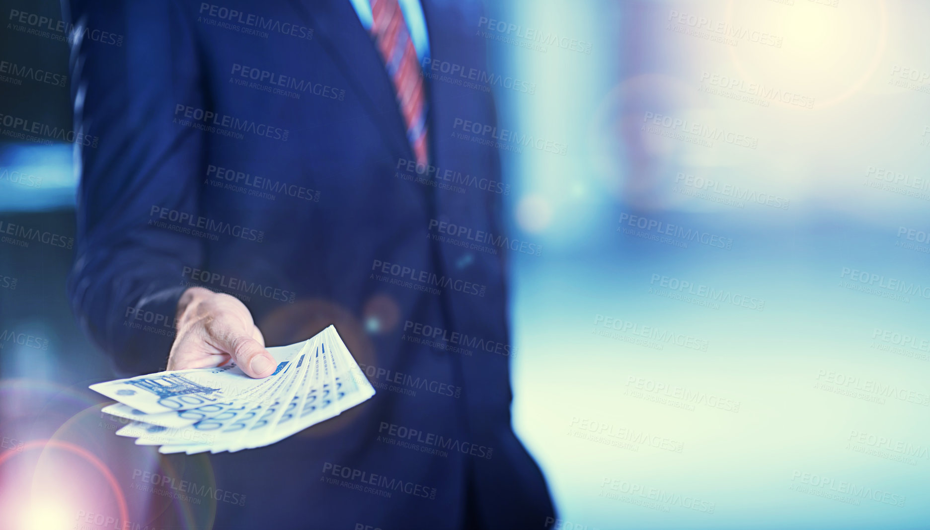 Buy stock photo Hands, money and business man with euros, lens flare and mockup space background. Closeup, cash and rich professional in suit giving wealth profit, financial investment and payment of income savings
