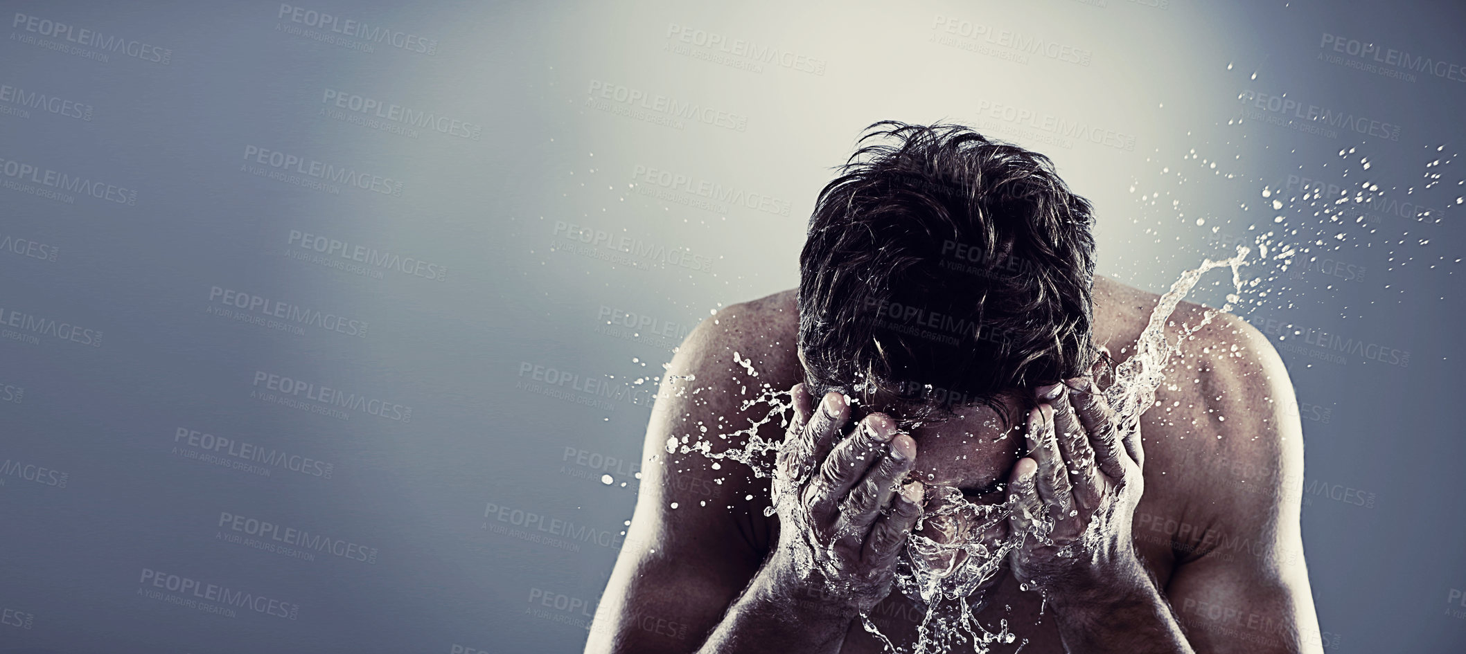 Buy stock photo Man, water and splash face in studio for healthy cleaning or skincare hygiene, treatment or grey background. Male person, hands and washing routine for bathroom self care, wellness or mockup space