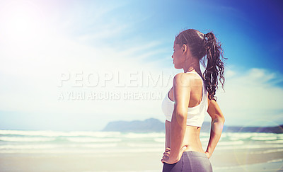 Buy stock photo Woman, fitness and thinking by the ocean with exercise, idea and training by the sea. Beach, mockup and athlete in Miami with waves and outdoor view on break from workout for health and wellness