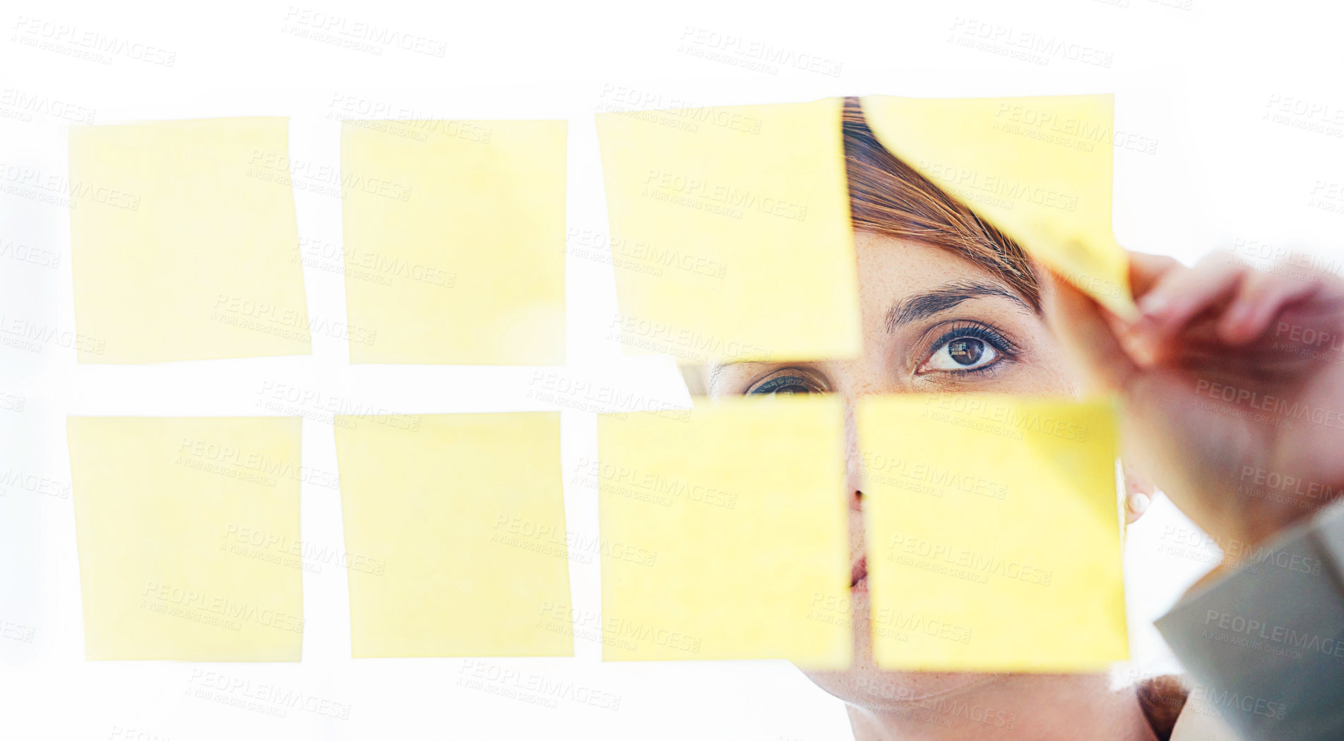 Buy stock photo Woman, planning and thinking with sticky notes, glass wall and logistics for vision or ideas. Manager, notes and enterprise with logistics, business and project management for corporate development