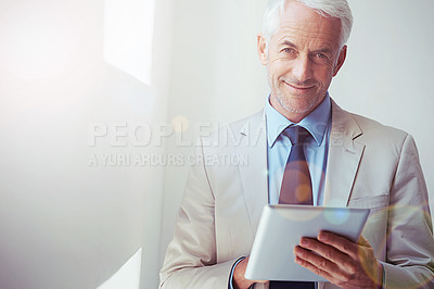 Buy stock photo CEO, portrait and business man with tablet in office, smile and happy professional consultant in suit. Face, manager and senior entrepreneur with technology for boss of company in Australia on mockup