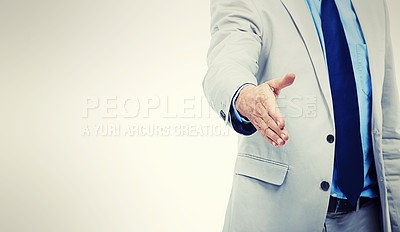 Buy stock photo Businessperson, handshake and gesture for agreement or deal for hiring or partnership, welcome or onboarding. Person, fingers and mockup space or white background for greeting, studio or professional