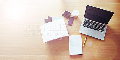 Buy stock photo Desk, laptop and notebook, workspace top view and research for writing project, tech and stationary. Mockup space, wooden table and books, PC for investigation and internet with professional setup