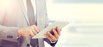 Buy stock photo Businessman, tablet and hands typing for research, analysis or corporate networking at office on banner. Closeup of man or employee working with technology for online search or browsing at workplace