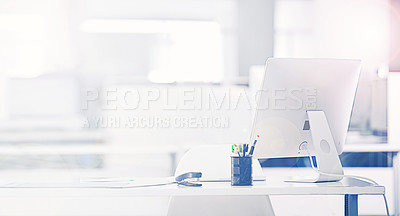 Buy stock photo Interior, computer and desk of clean workspace, furniture or business equipment in hygiene at office. Empty room with lens flare, desktop PC and table with technology and stationary at workplace