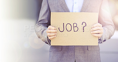 Buy stock photo Person, unemployment and search for job on cardboard, recession and professional worker with sign. Businessperson, poster or card for growth or career development or mockup in street for helping hand