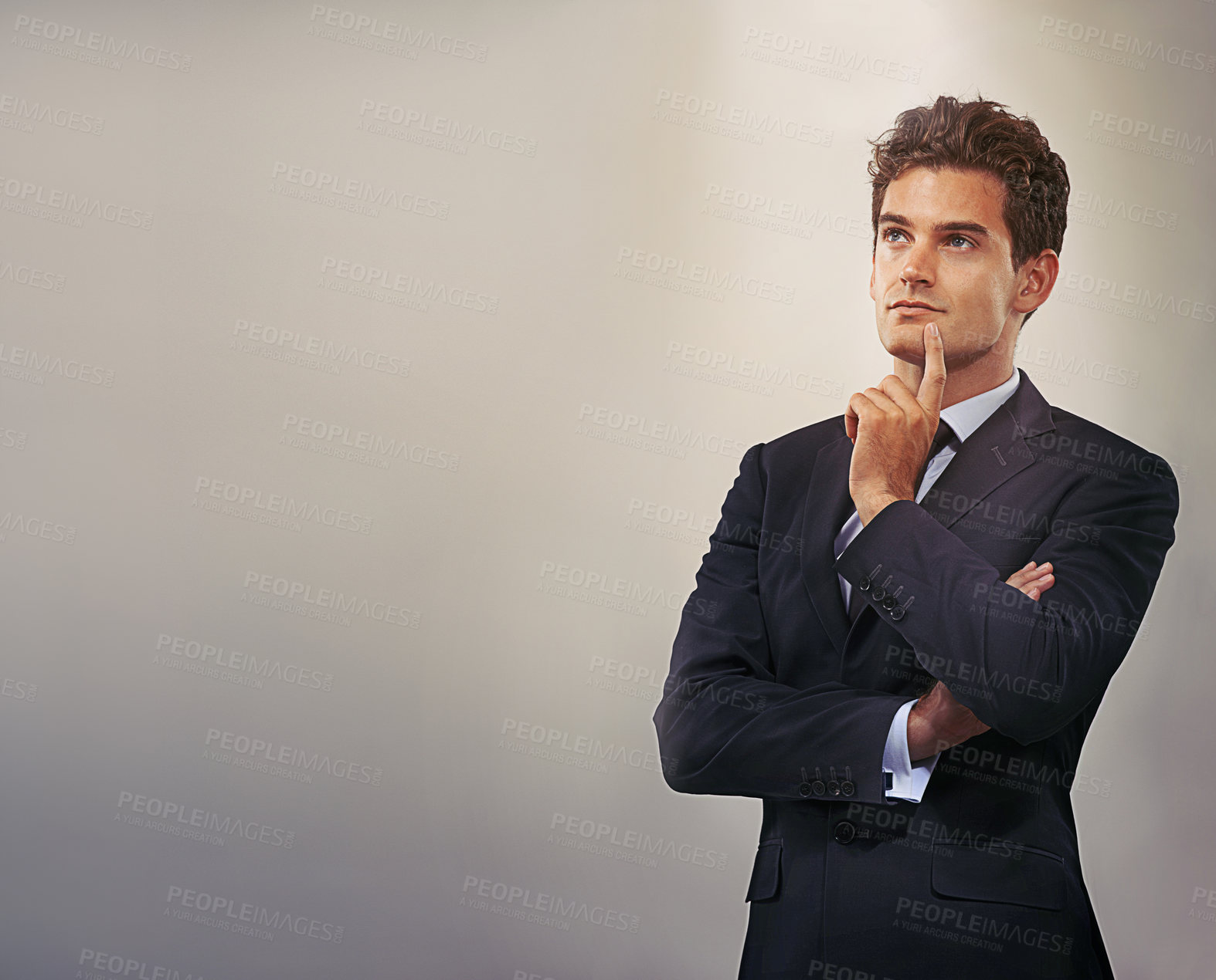 Buy stock photo Businessman, thinking and idea with decision or choice for solution or brainstorming on a gray studio background. Young man, model or employee in wonder, contemplating or thought on mockup space