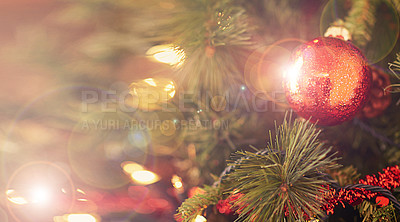 Buy stock photo Christmas, tree and ornaments in festive zoom for winter season, celebration for Christian religion and family holiday. Evergreen conifer, baubles and decoration balls for birth of Christ tradition