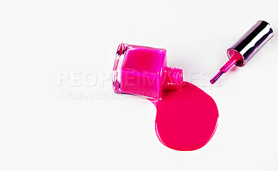 Buy stock photo Nail, polish or bottle as puddle in beauty, cosmetology or edgy aesthetic as manicure and pedicure. Creative art, varnish or color paint splatter as liquid drip effect in studio on white background