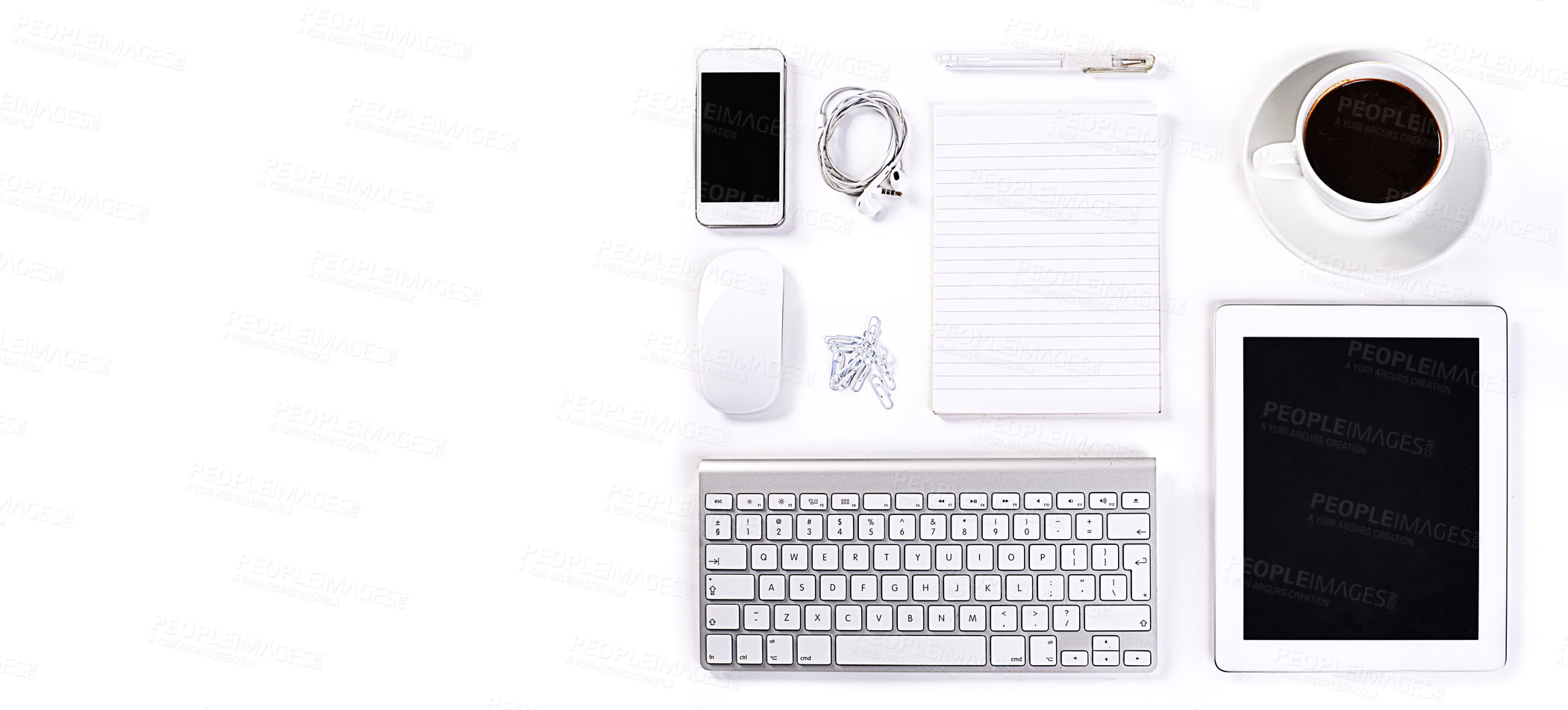 Buy stock photo Table, studio or objects for work by white background or technology with stationary for professional job. Keyboard, cellphone or tablet with mouse for electronics, desk or paper with coffee in mockup
