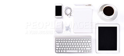 Buy stock photo Table, studio or objects for office by white background or technology with stationary for professional job. Keyboard, cellphone or tablet by mouse for electronics, desk or paper with coffee in mockup