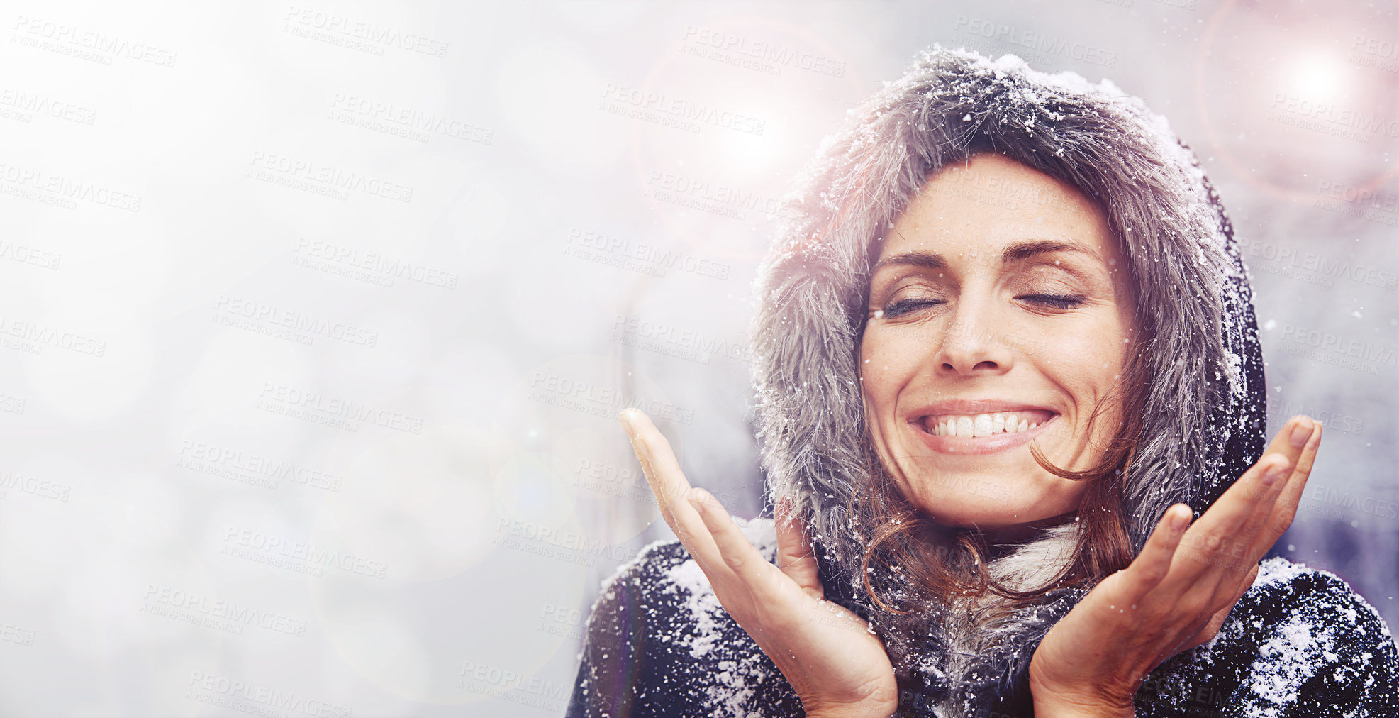 Buy stock photo Nature, happy and face of woman with snow for season on vacation or holiday in woods. Travel, mockup and excited female person with snowflake for cold climate on winter weekend trip in forest.