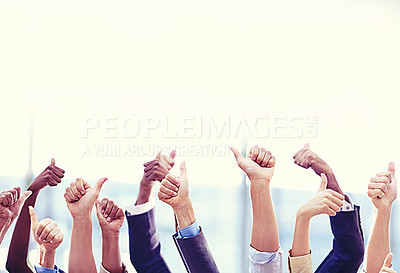 Buy stock photo Hands, group and thumbs up for business, teamwork and success on mockup space. People, like hand gesture and employees with emoji for agreement, excellence and thank you for vote, review and support