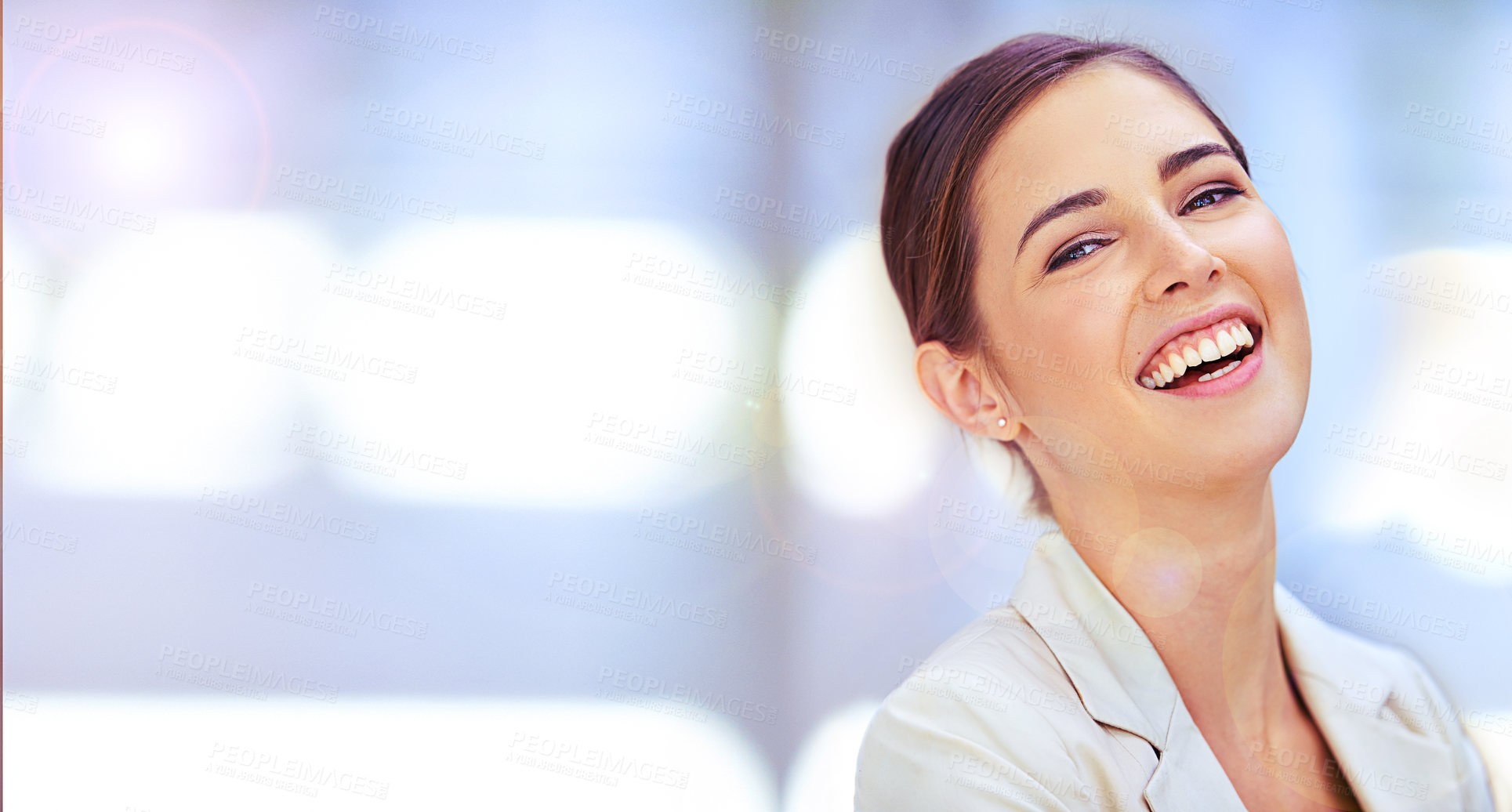 Buy stock photo Business woman, portrait and laughing with confidence for job, career and excited on a human resources banner or mockup. Face, professional person or headshot of happy employee on blurred background 