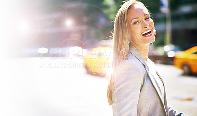 Buy stock photo Laugh, portrait and happy businesswoman in city, urban and commute to work or office. Lens flare, smile and professional female lawyer, walk and travel on street to corporate law firm for legal job