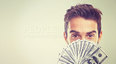 Buy stock photo Eyes, money and savings or profit in studio on white background for business investment and funding. Portrait, closeup and paper notes or cash prize as reward for startup company and growth.