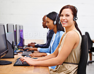 Buy stock photo Woman, portrait and call center with computer for tech support, email and help desk at customer service agency. Telecom, CRM and happy consultant for telemarketing, contact us and advice at workplace