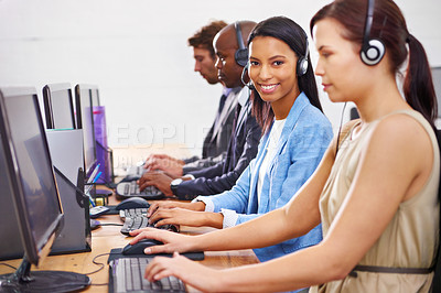 Buy stock photo Woman, portrait and coworking at call center with computer for tech support, help desk and customer service agency. Telecom, CRM and consultant for telemarketing, contact us and advice at workplace