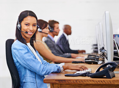 Buy stock photo Happy woman, portrait and consultant with headphones at call center for customer service or support at the office. Face of female person, employee or agent with smile for consulting or online advice