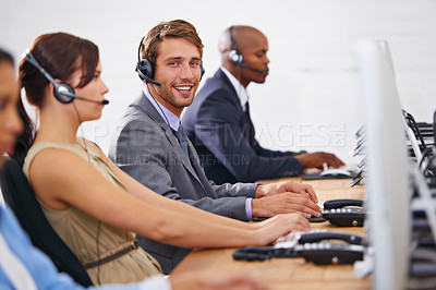 Buy stock photo Man, portrait and coworking at call center with computer for tech support, help desk and customer service agency. Telecom, CRM and consultant for telemarketing, contact us and advice at workplace