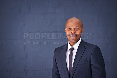 Buy stock photo Businessman, portrait and professional happy with smile, lawyer career with male person. Legal, formal and suit on confident Canada attorney isolated on background, office clothes for law firm