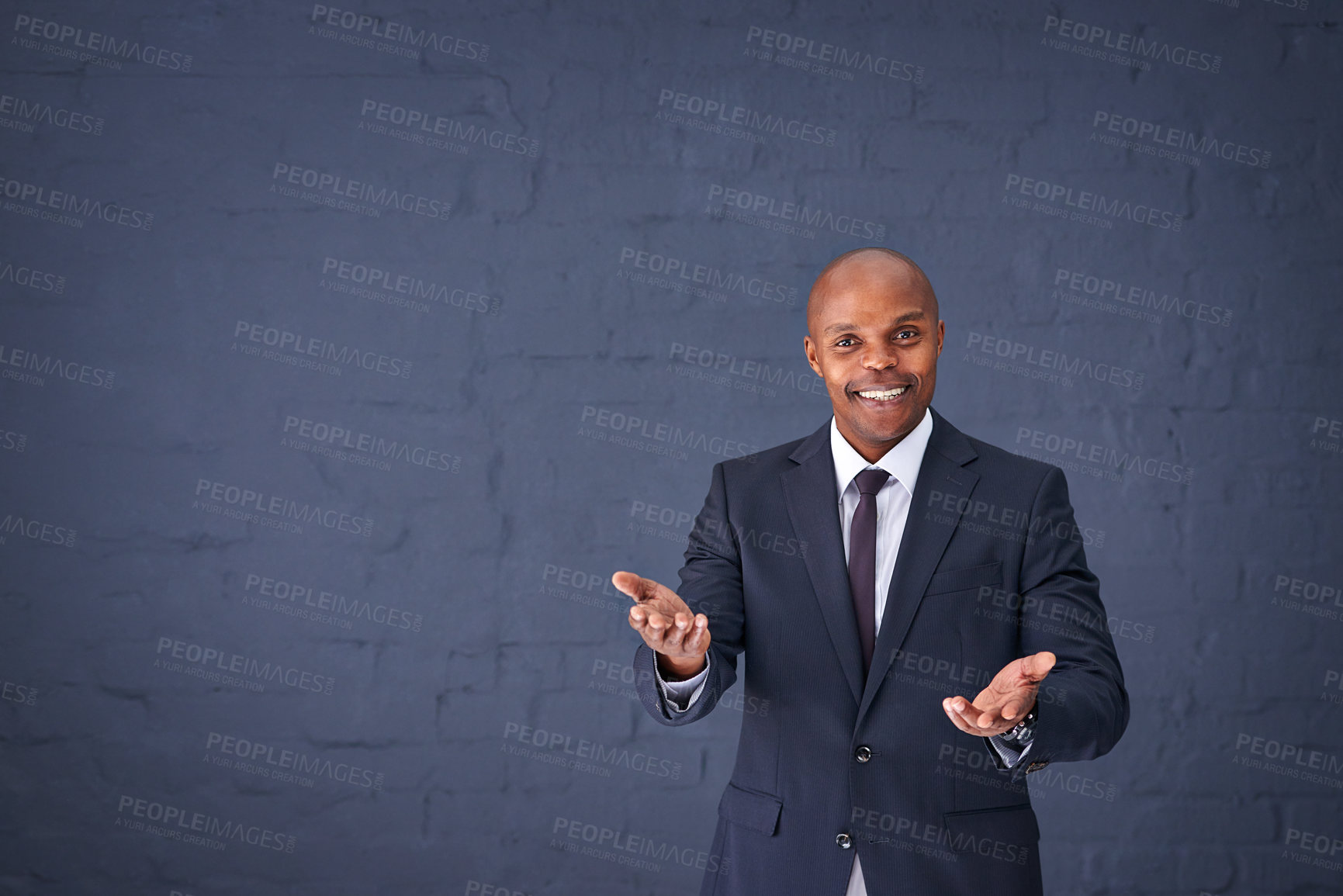 Buy stock photo Happy, portrait and black man with wall for speech, presentation or advertising on a gray studio background. African male person, businessman or speaker with smile for communication on mockup space
