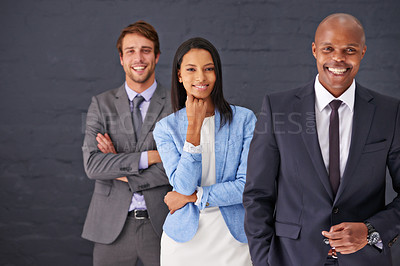 Buy stock photo Business people, portrait and fashion with team of lawyers ready in corporate wear on a gray studio background. Group of employees with smile in stylish or formal clothing for job or career ambition