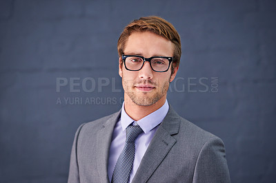 Buy stock photo Caucasian, man and business with glasses in studio for paralegal work, clerk or assistant or counsel. Businessman and spectacles on backdrop for legal profession, associate attorney or barrister