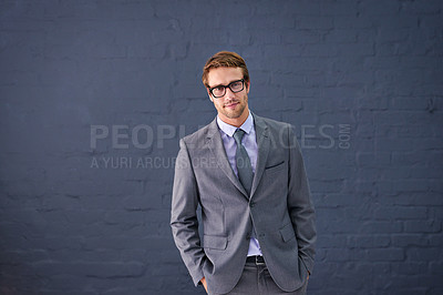 Buy stock photo Businessman, portrait and professional with vision glasses, lawyer career with male person. Happy, formal and suit on confident Canada attorney isolated on background, office clothes for law firm