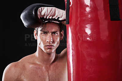 Buy stock photo Boxer, sweat and portrait of man in studio with punching bag for workout, exercise or fight competition with dark background. Boxing, sports and serious athlete for training, martial arts or fitness