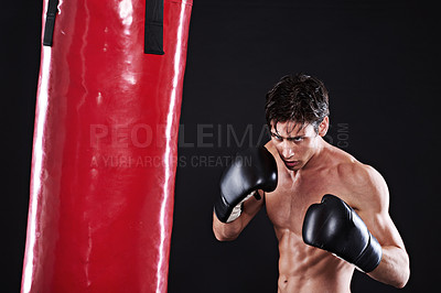 Buy stock photo Man, punching bag and martial arts with fitness, exercise and fighter with gloves and progress with cardio. Boxer, practice or athlete with training, gym or workout with endurance, health or wellness