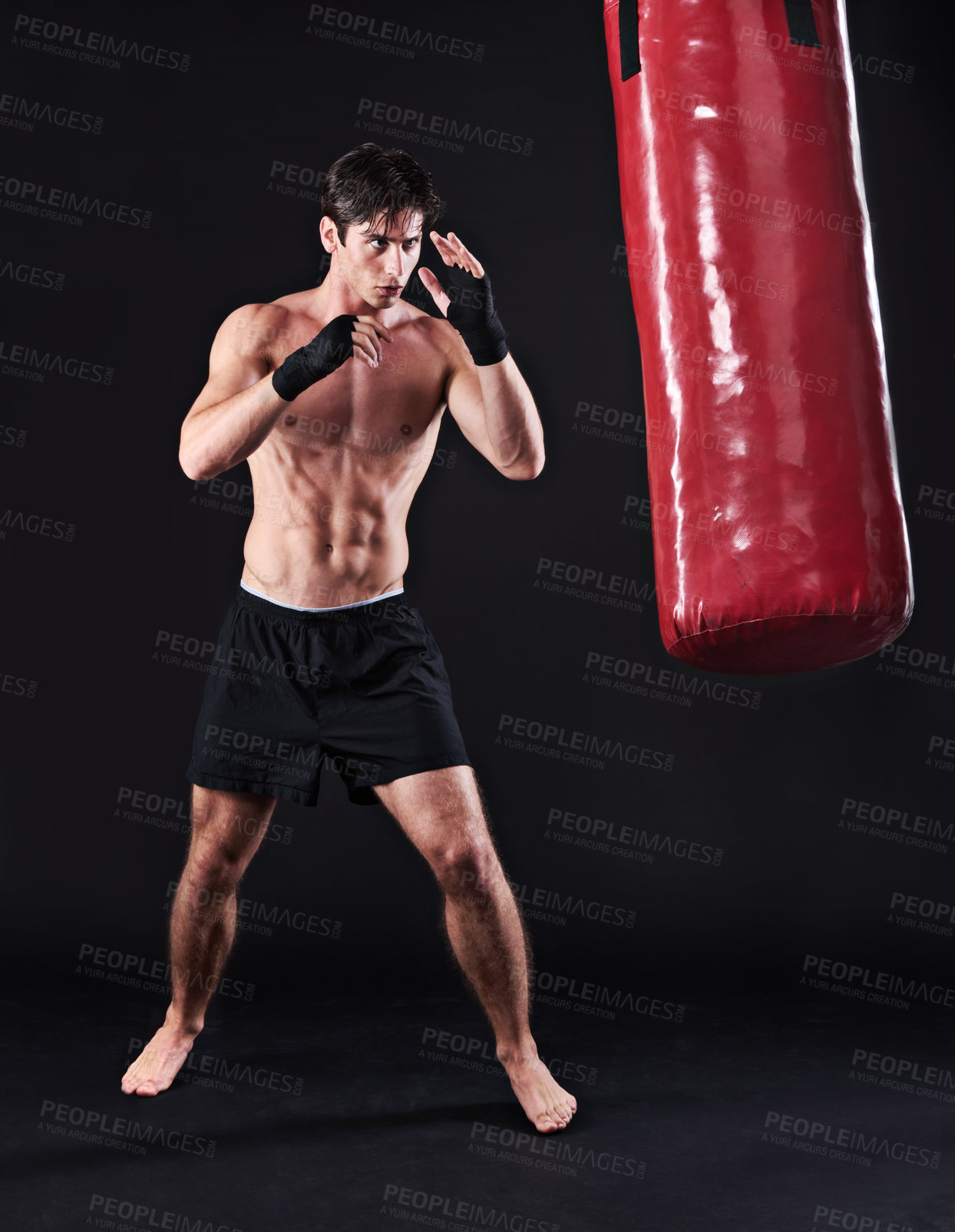 Buy stock photo Man, punching bag and martial arts with fitness, endurance and fighter with challenge and wellness with cardio. Boxer, practice and athlete with exercise and workout with health, sports and progress