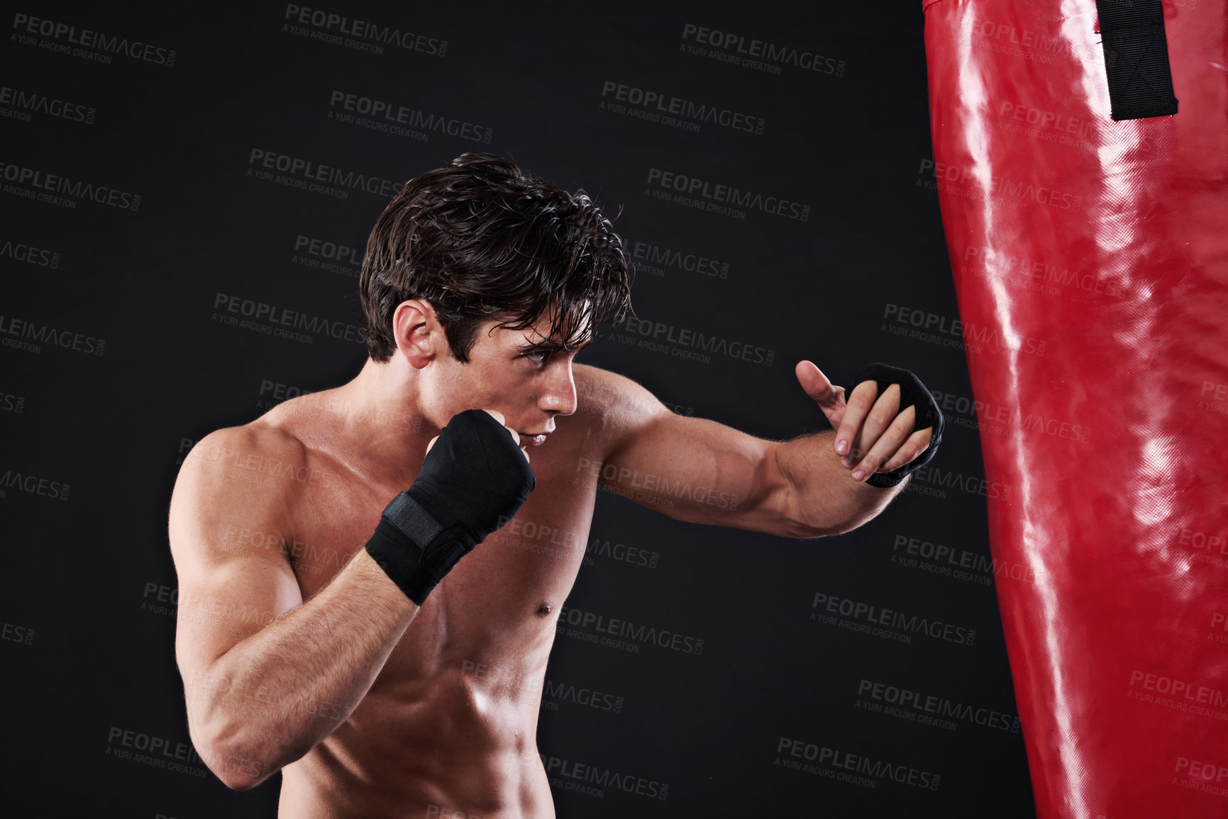 Buy stock photo Man, punching bag and cardio with fitness, training and fighter with gloves and wellness with endurance. Boxer, balance and athlete with exercise and workout with sports, healthy guy and progress
