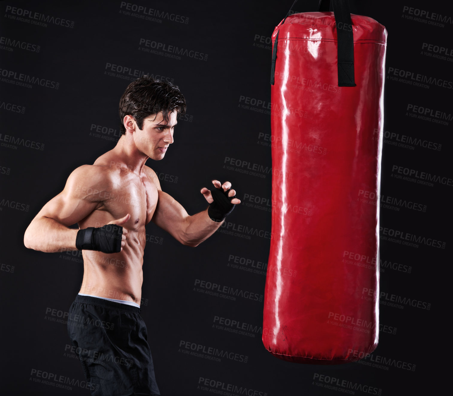 Buy stock photo Man, punching bag and challenge with fitness, workout and fighter with gloves and wellness with training. Boxer, practice and athlete with exercise and cardio with endurance, healthy guy and progress