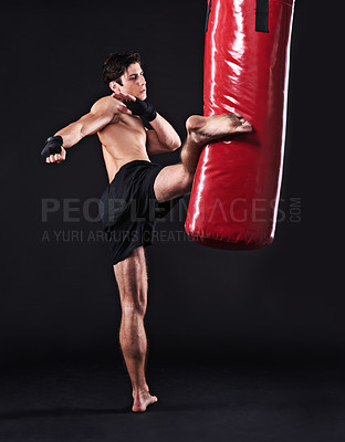 Buy stock photo Kickboxing, challenge and man with training, fitness and exercise on a dark studio background. Healthy person, mockup space and model with endurance and progress with workout and wellness with cardio