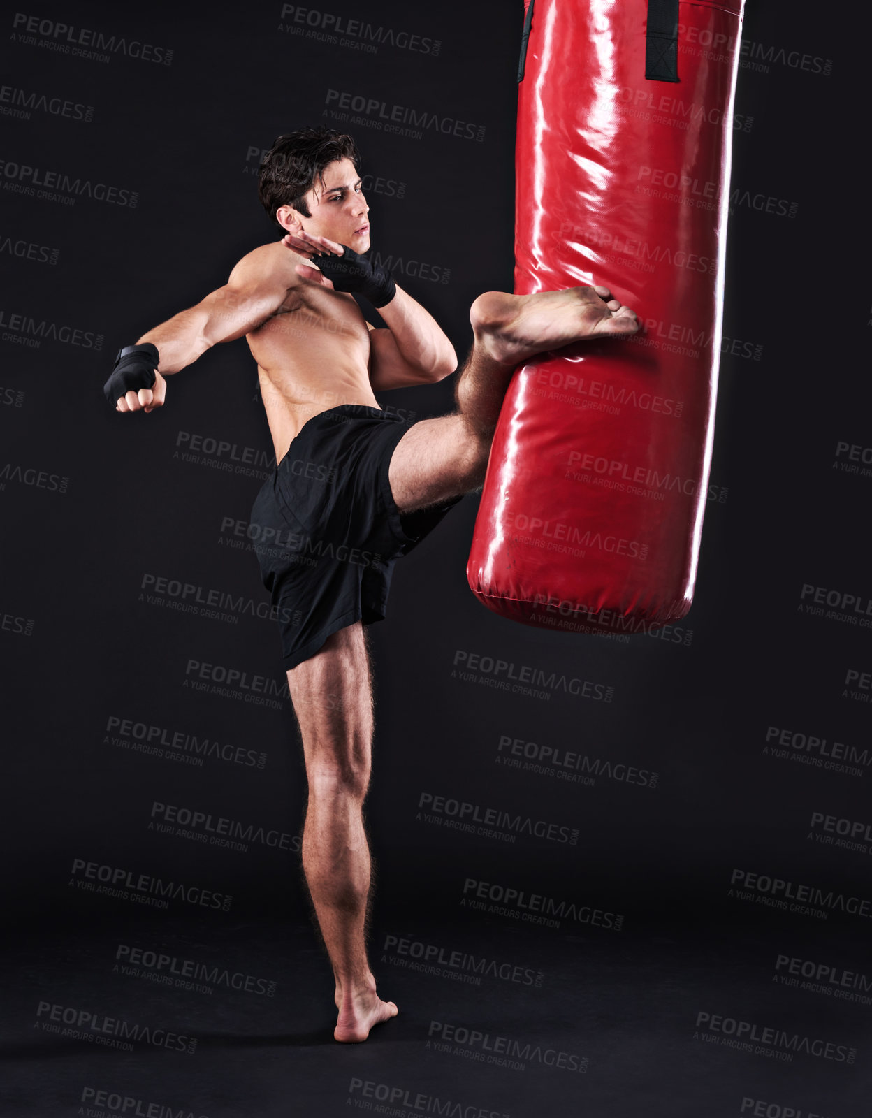 Buy stock photo Kickboxing, challenge and man with training, fitness and exercise on a dark studio background. Healthy person, mockup space and model with endurance and progress with workout and wellness with cardio