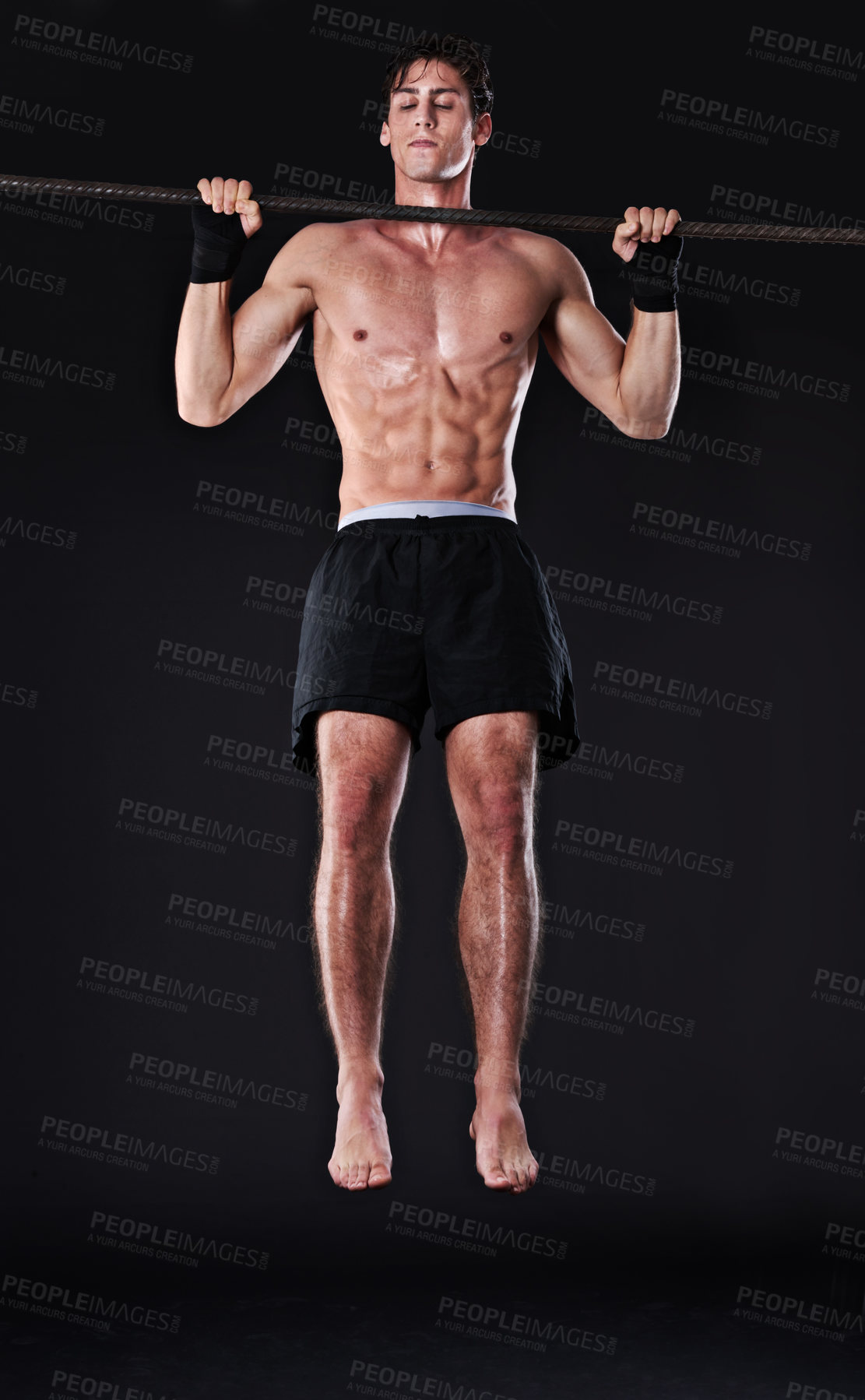 Buy stock photo Man, bar and pull up for arm exercise in studio for bicep training or muscle building, gym or workout. Male person, fitness and black background for bodybuilding performance, wellness or mockup space