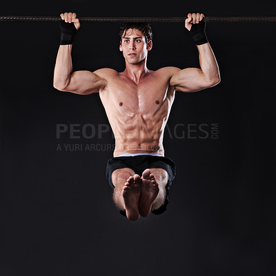 Buy stock photo Man, bar and pull up fitness for arm exercise in studio for muscle training or strength workout, abs or black background. Male person, gym and healthy performance on mockup space, athlete or sport