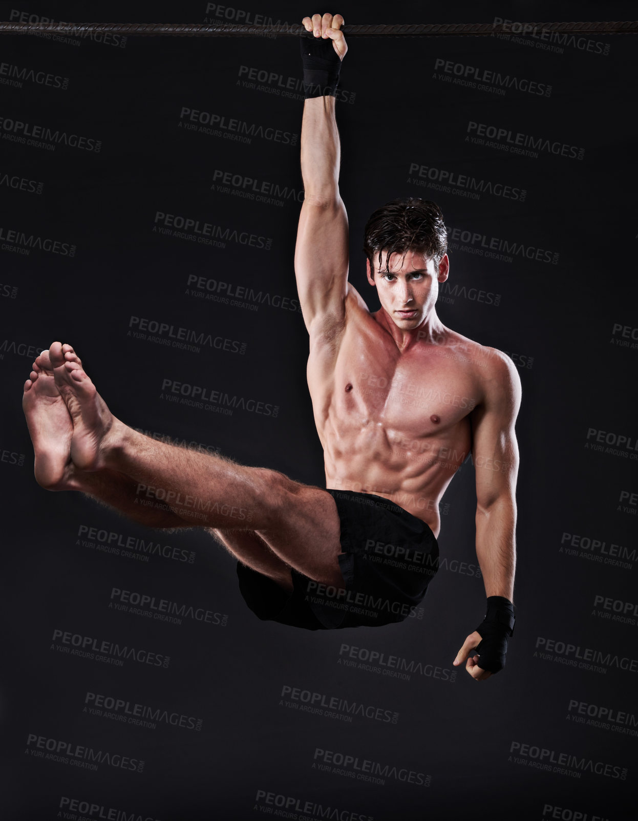 Buy stock photo Man, fitness, and training bar in portrait for sport, workout and bodybuilding on black studio backdrop. Energy, pull up and muscle with male model for exercise hang and mma competition motivation 