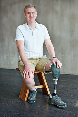 Buy stock photo Man, amputee and workout in gym portrait, physical rehabilitation and exercise for wellness. Male person, physiotherapy and training with disability, prosthetic and strong core for muscle development