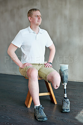 Buy stock photo Man, amputee and thinking with prosthetic leg in gym, sitting with vision. Idea, physiotherapy and fitness for wellness for male person with disability, exercise and rehabilitation for mobility