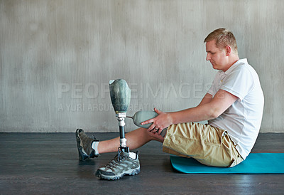 Buy stock photo Gym, prepare and man with leg disability with exercise, mobility and stretching for wellness. Rehabilitation, workout and physical therapy studio with amputee and physio for health and fitness