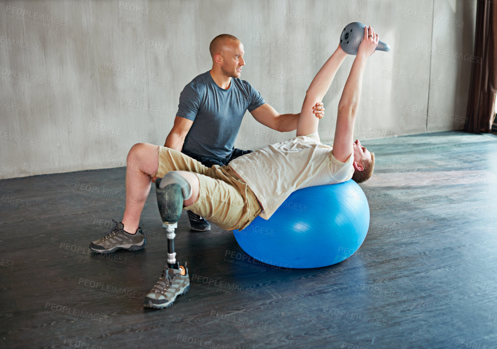 Buy stock photo Physiotherapist, patient with disability or kettlebell or exercise ball at gym for recovery, people and healthcare rehabilitation. Physiotherapy, consultation and support or workout for amputee