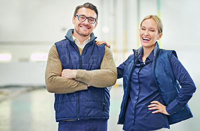 Buy stock photo Portrait of two floor managers working in a large warehouse