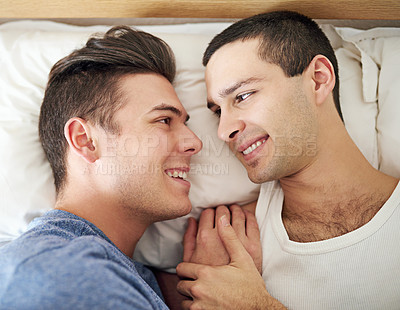 Buy stock photo Men, gay and couple or bed rest in apartment happy with lgbt pride with comfortable love, happiness or connection. Male person, queer and smile with bonding support in home together, calm or peace