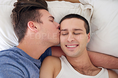 Buy stock photo Men, gay couple and bedroom kiss for relaxing embrace for waking up together, lgbt or partnership. Male people, love and weekend peace in home apartment for queer relationship, hugging or homosexual